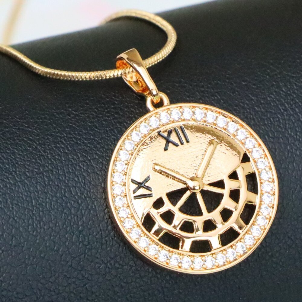 "Rose Gold Clock Face Pendant with Roman Numerals and Iced Border, XPPT1406